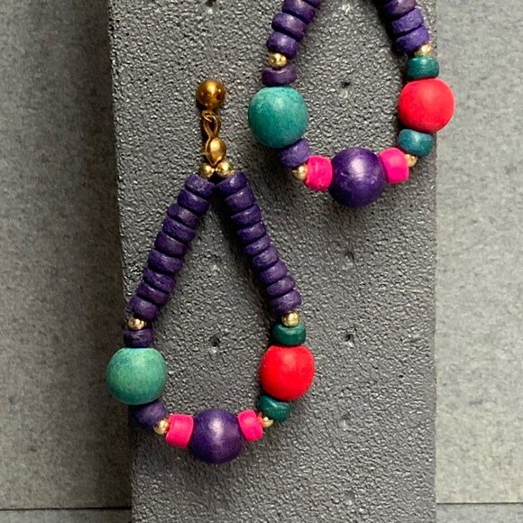 Teardrop Dangle Pierced Earrings 2.5 In Multicolor Beaded Hoop Purple Blue Red - Picture 3 of 5